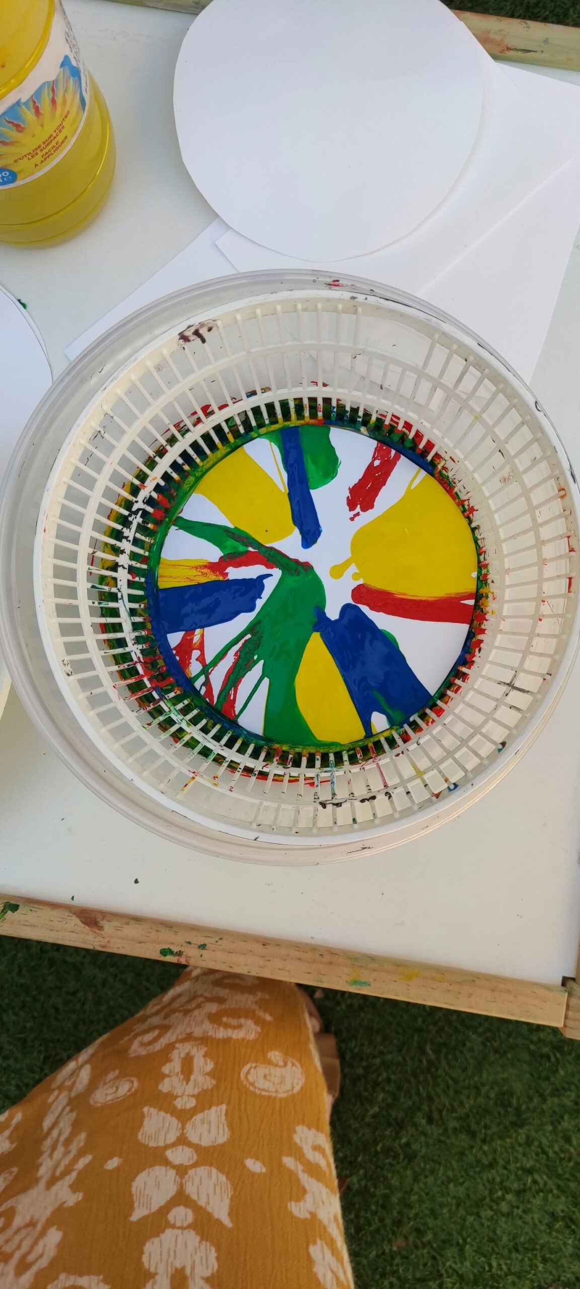 Atelier créatif — essoreuse à salade, éponge et tapette à mouche